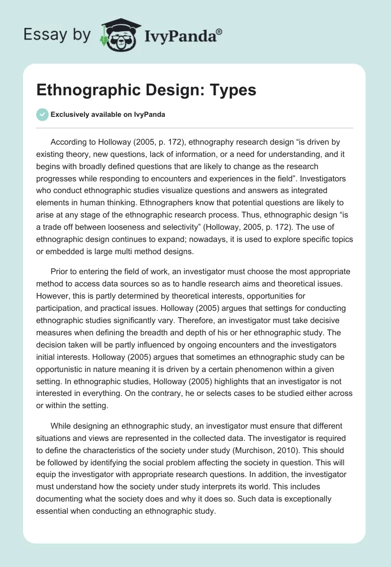 Ethnographic Design: Types. Page 1