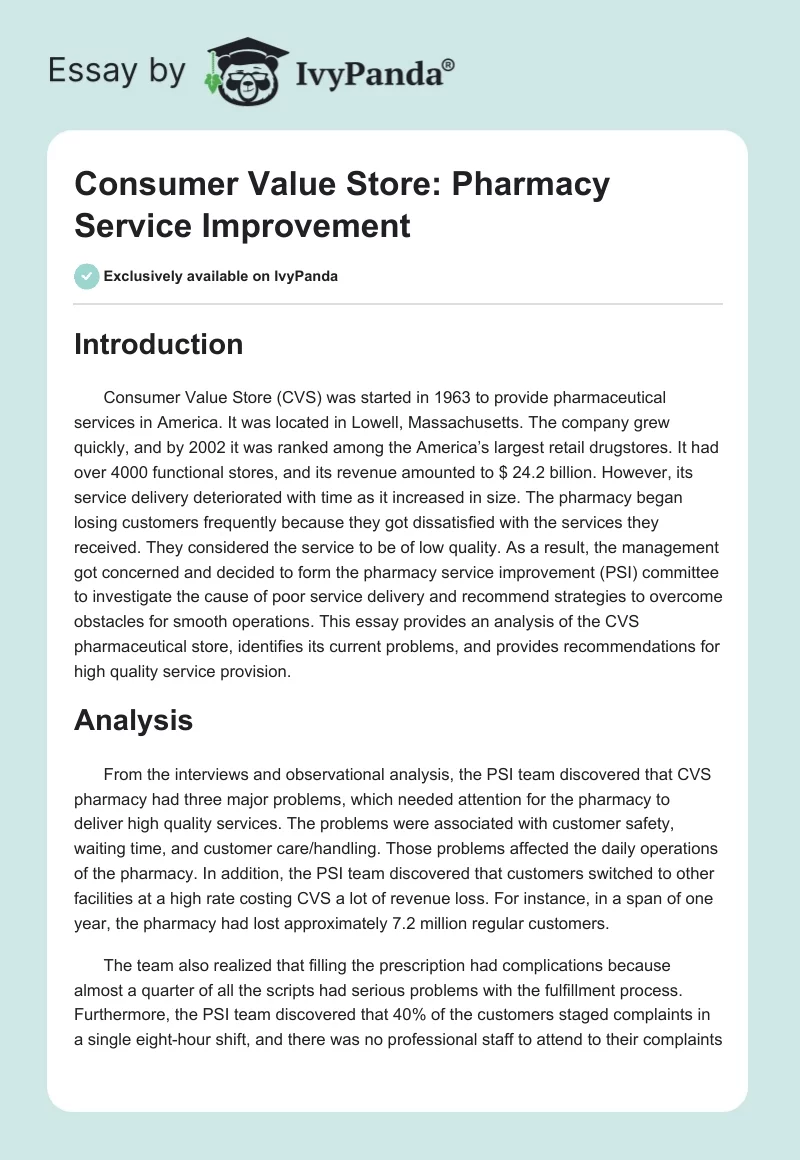 Consumer Value Store: Pharmacy Service Improvement. Page 1
