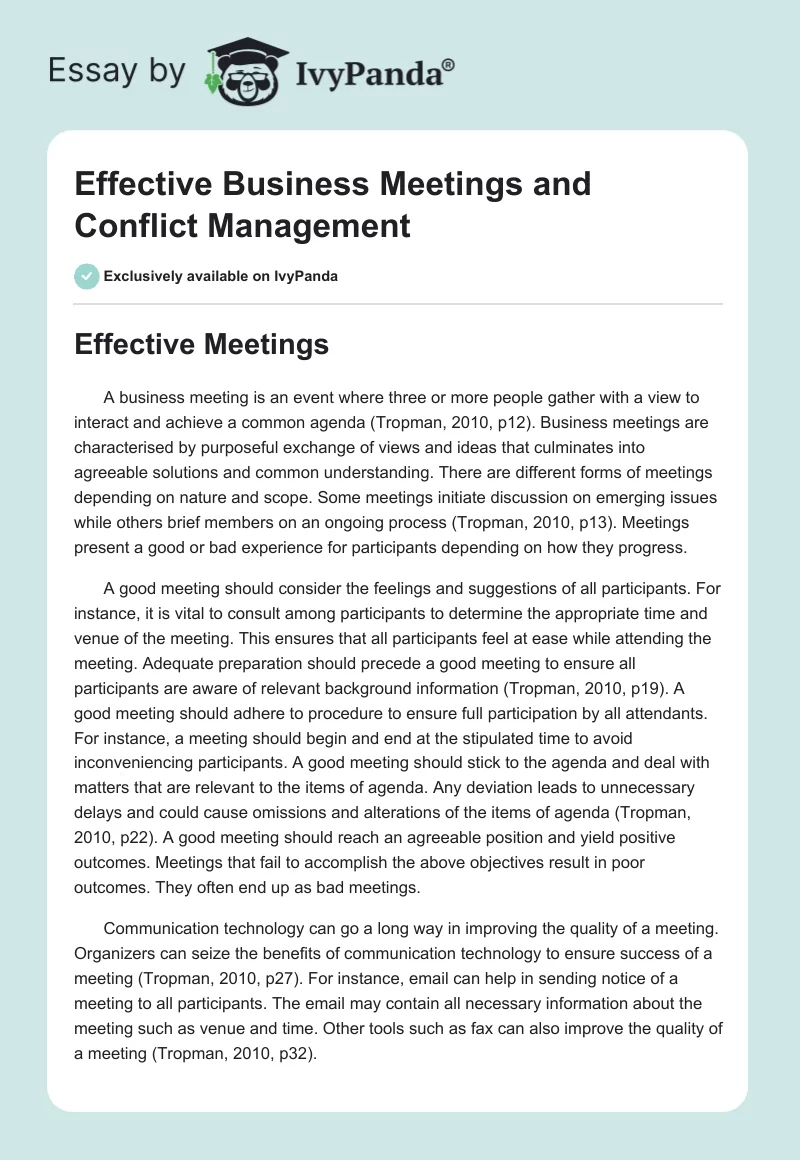 Effective Business Meetings and Conflict Management. Page 1