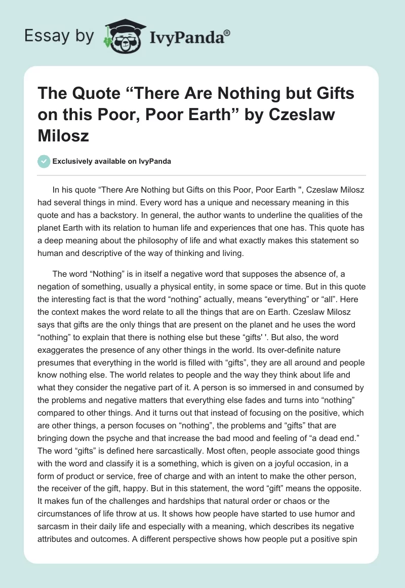 The Quote “There Are Nothing but Gifts on this Poor, Poor Earth” by Czeslaw Milosz. Page 1
