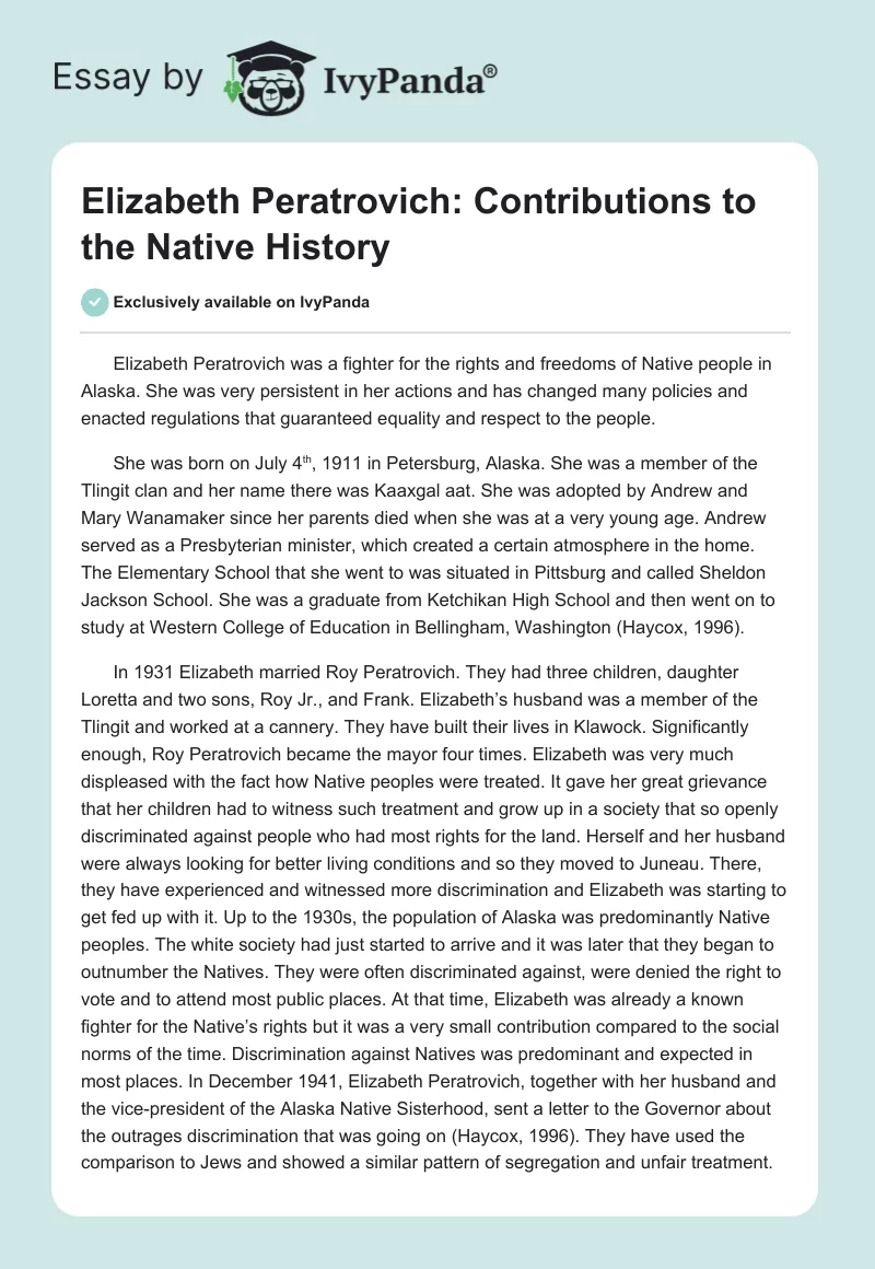 Elizabeth Peratrovich: Contributions to the Native History. Page 1