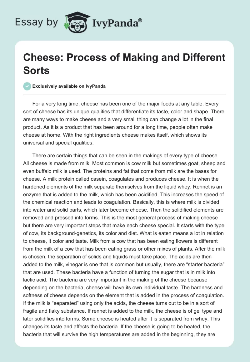 Cheese: Process of Making and Different Sorts. Page 1