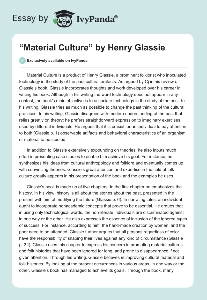 “Material Culture” by Henry Glassie. Page 1
