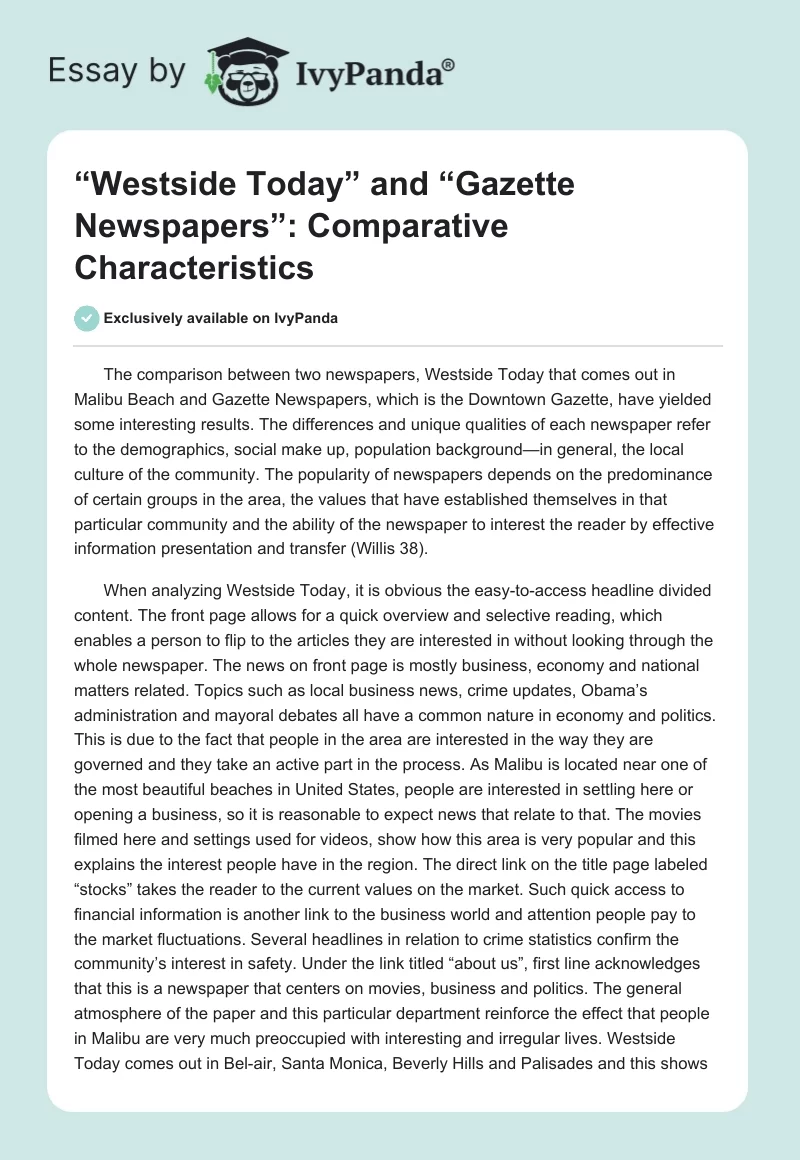 “Westside Today” and “Gazette Newspapers”: Comparative Characteristics. Page 1