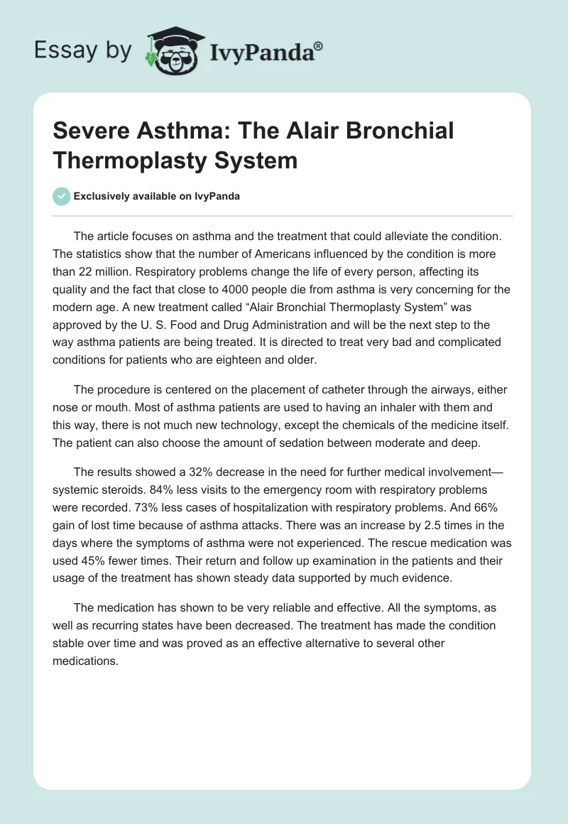 Severe Asthma: The Alair Bronchial Thermoplasty System. Page 1