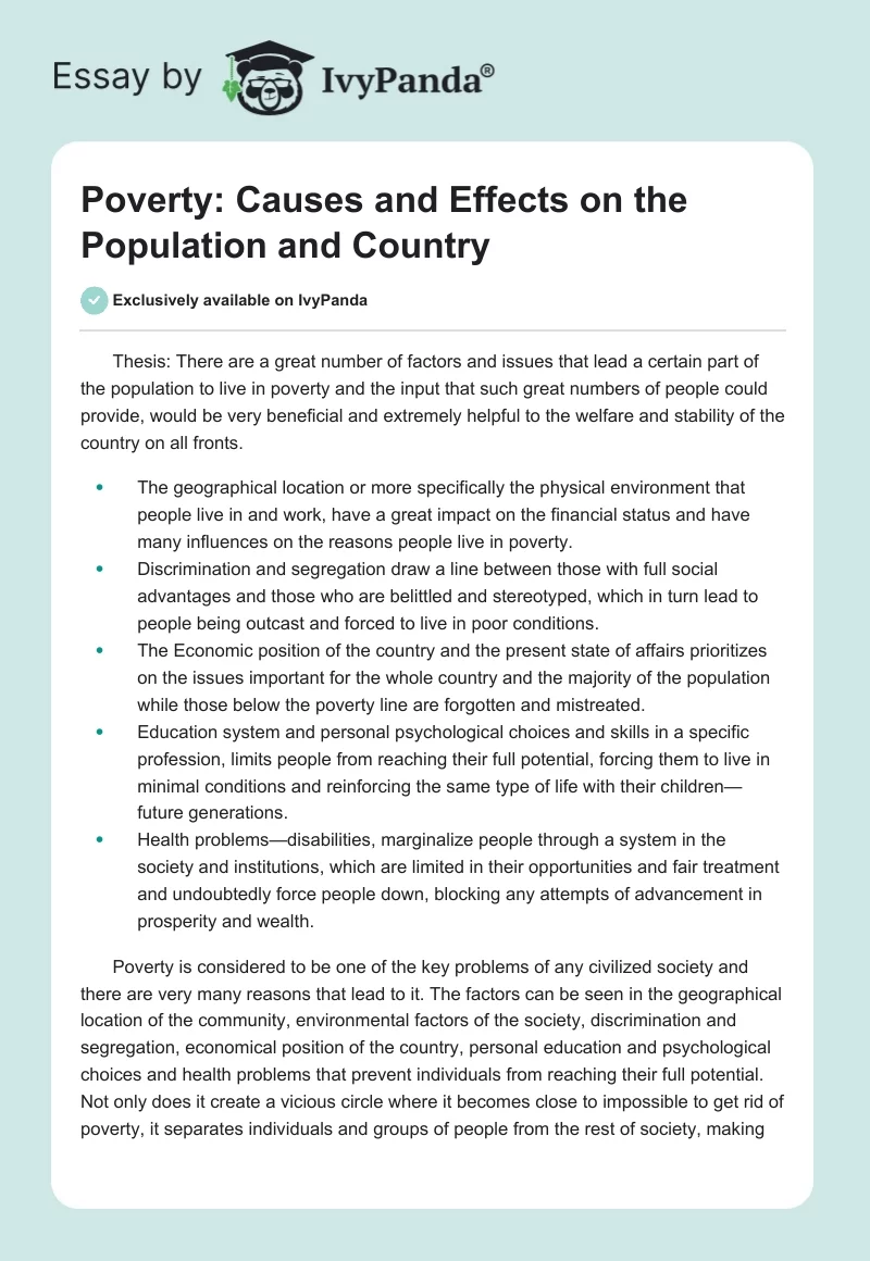 Poverty: Causes and Effects on the Population and Country. Page 1