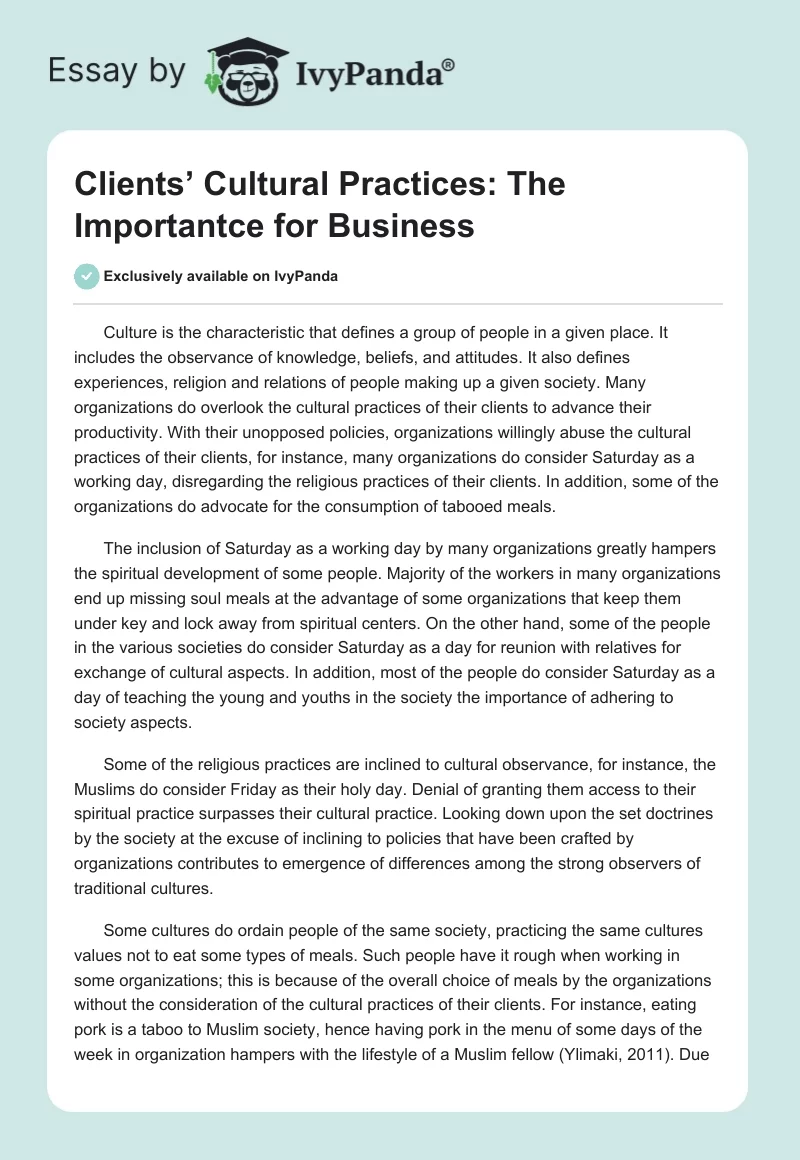 Clients’ Cultural Practices: The Importantce for Business. Page 1