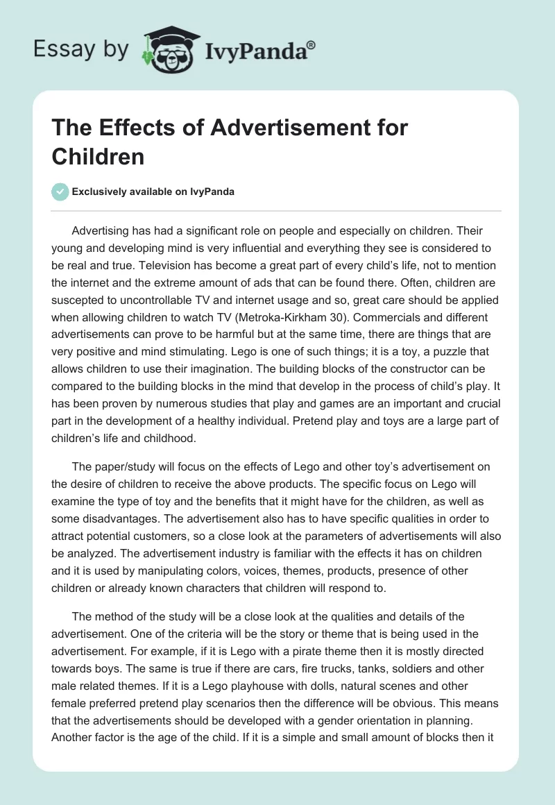 The Effects of Advertisement for Children. Page 1