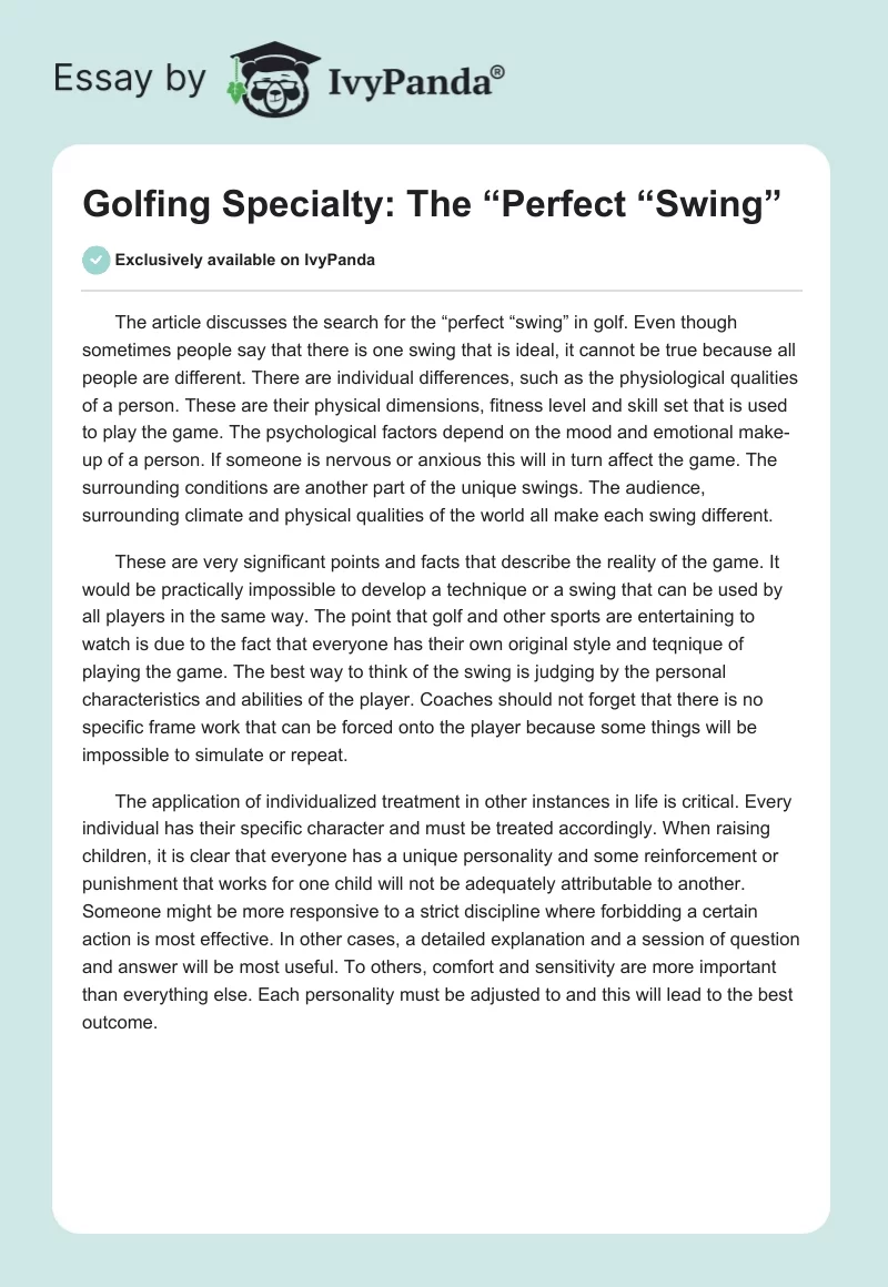 Golfing Specialty: The “Perfect “Swing”. Page 1