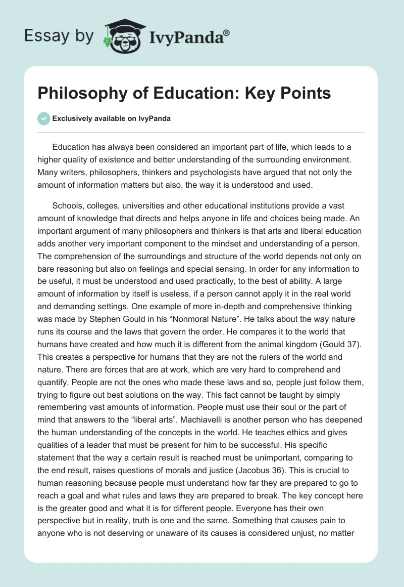 Philosophy of Education: Key Points. Page 1