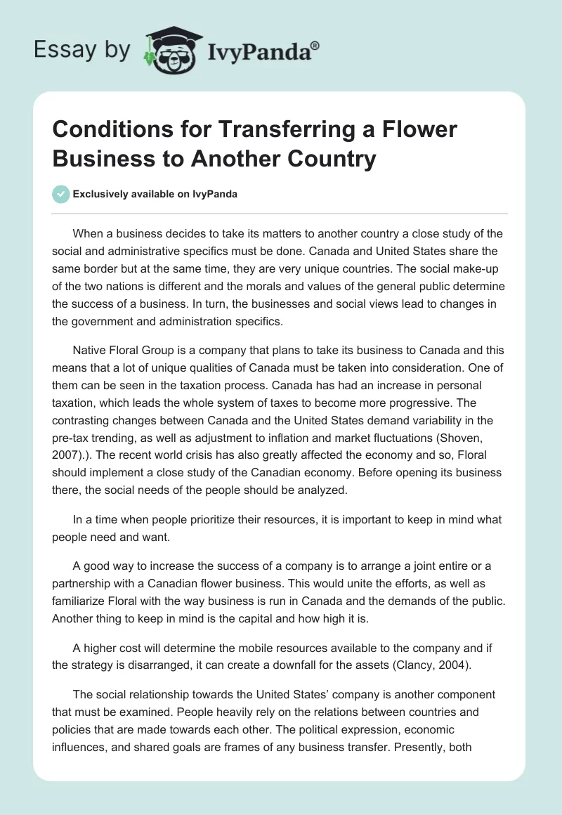 Conditions for Transferring a Flower Business to Another Country. Page 1