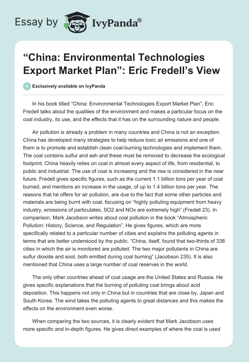 “China: Environmental Technologies Export Market Plan”: Eric Fredell’s View. Page 1
