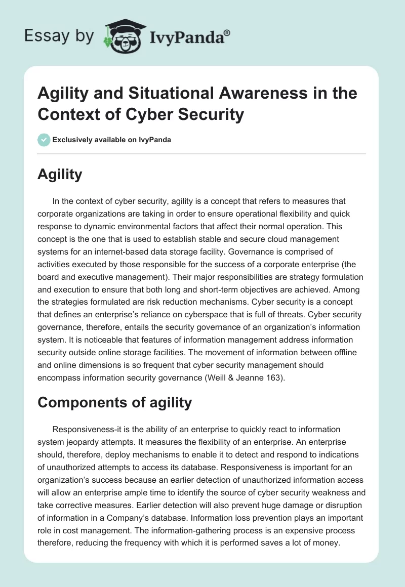 Agility and Situational Awareness in the Context of Cyber Security. Page 1
