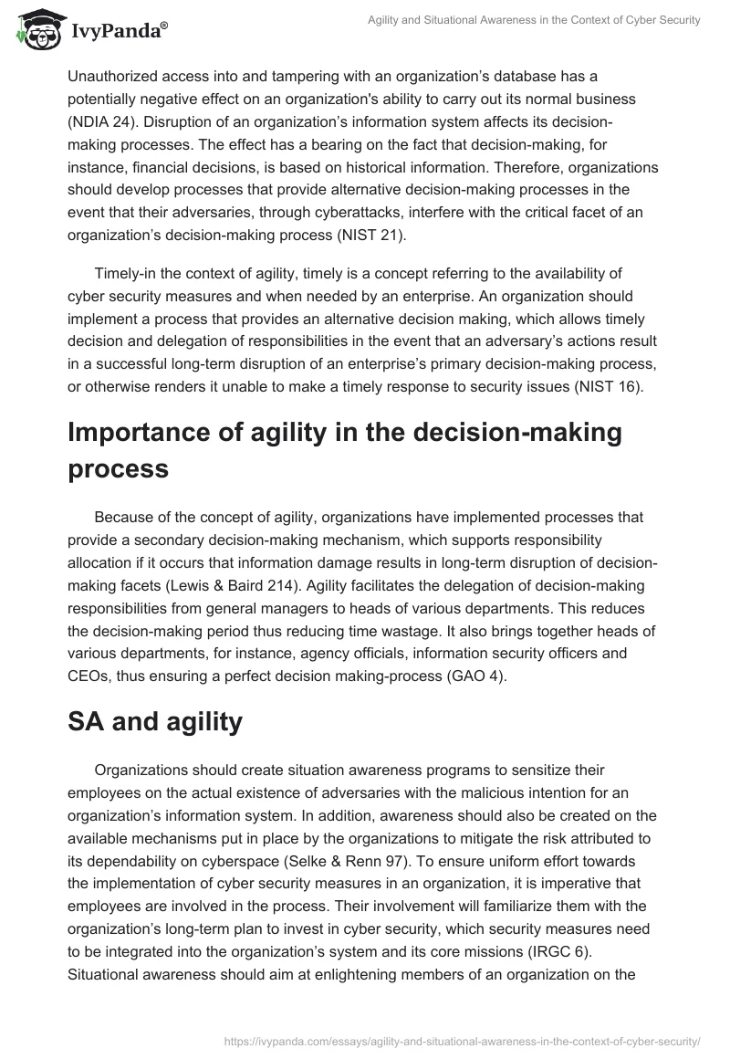Agility and Situational Awareness in the Context of Cyber Security. Page 2