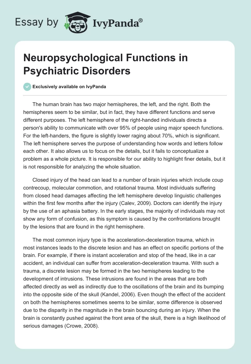 Neuropsychological Functions in Psychiatric Disorders. Page 1