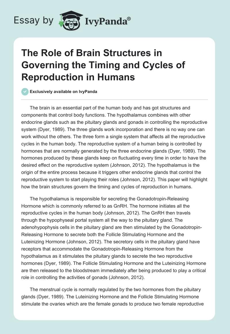 The Role of Brain Structures in Governing the Timing and Cycles of Reproduction in Humans. Page 1