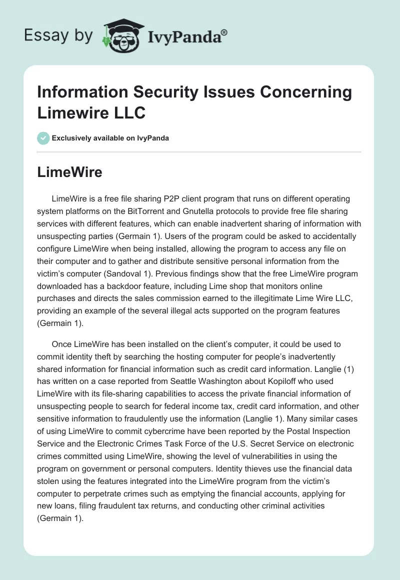 Information Security Issues Concerning Limewire LLC. Page 1