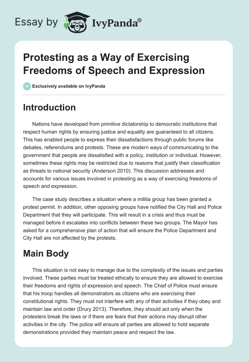 Protesting as a Way of Exercising Freedoms of Speech and Expression. Page 1
