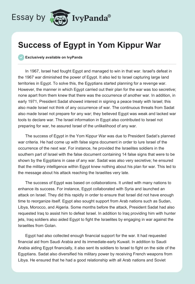 Success of Egypt in Yom Kippur War. Page 1