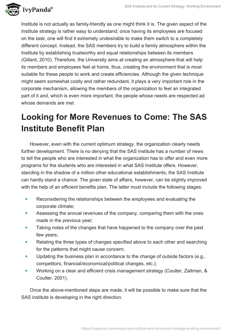 SAS Institute and Its Current Strategy: Working Environment. Page 2
