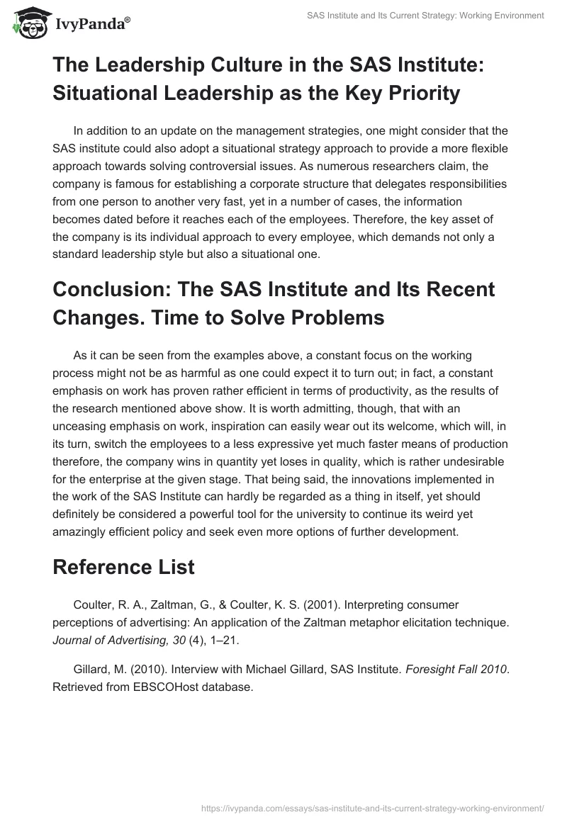 SAS Institute and Its Current Strategy: Working Environment. Page 3