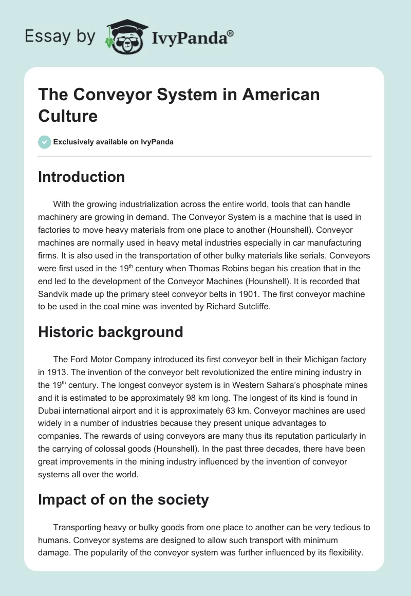 The Conveyor System in American Culture. Page 1