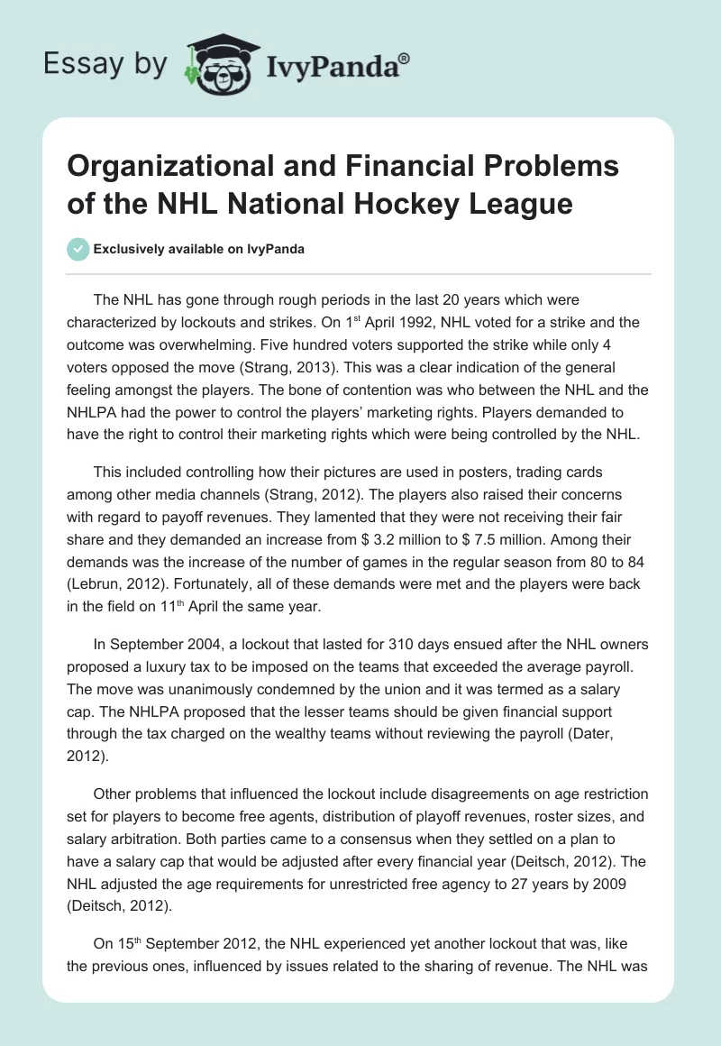 Organizational and Financial Problems of the NHL National Hockey League. Page 1