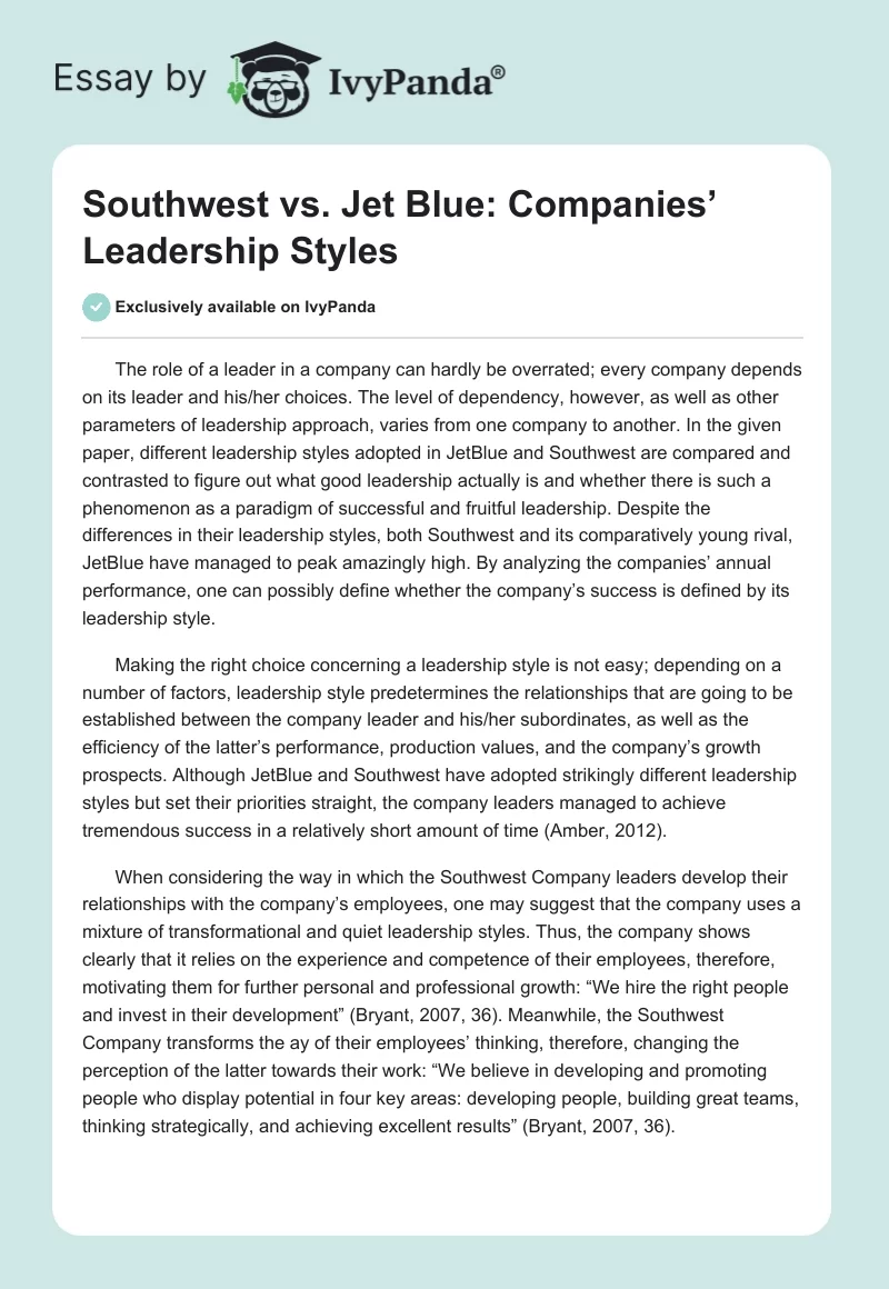 Southwest vs. Jet Blue: Companies’ Leadership Styles. Page 1