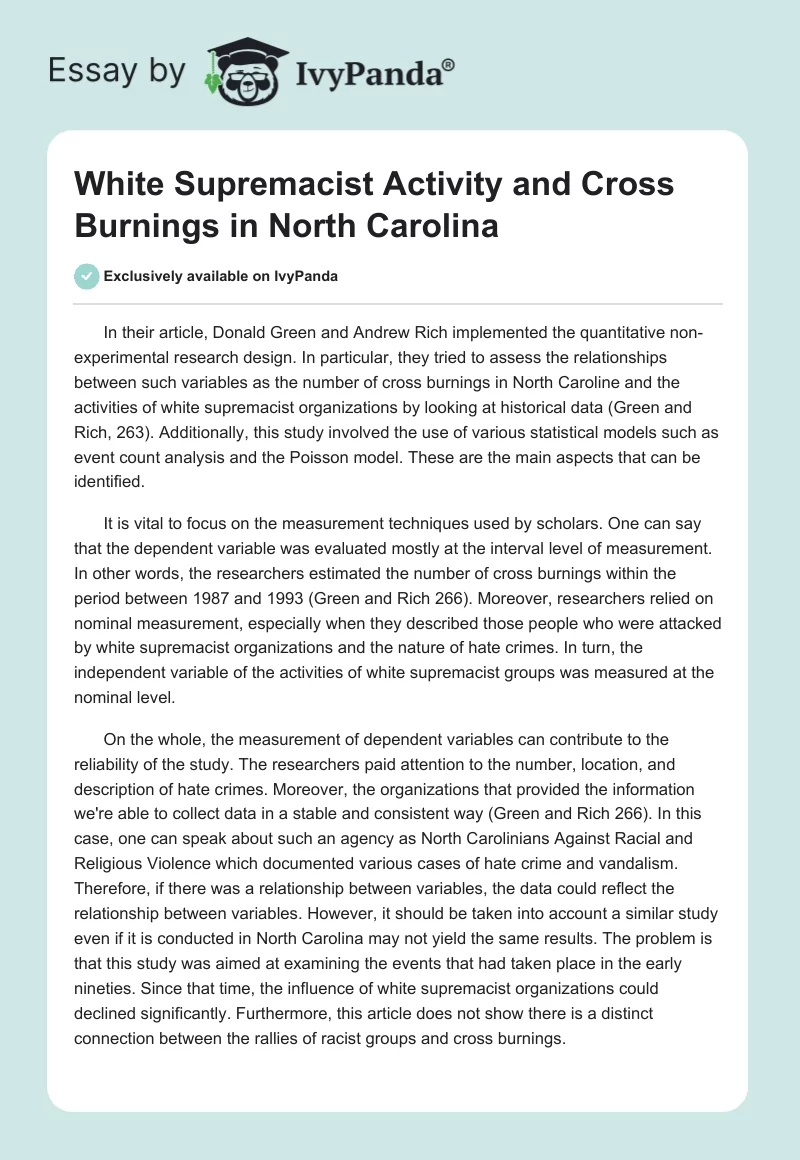 White Supremacist Activity and Cross Burnings in North Carolina. Page 1