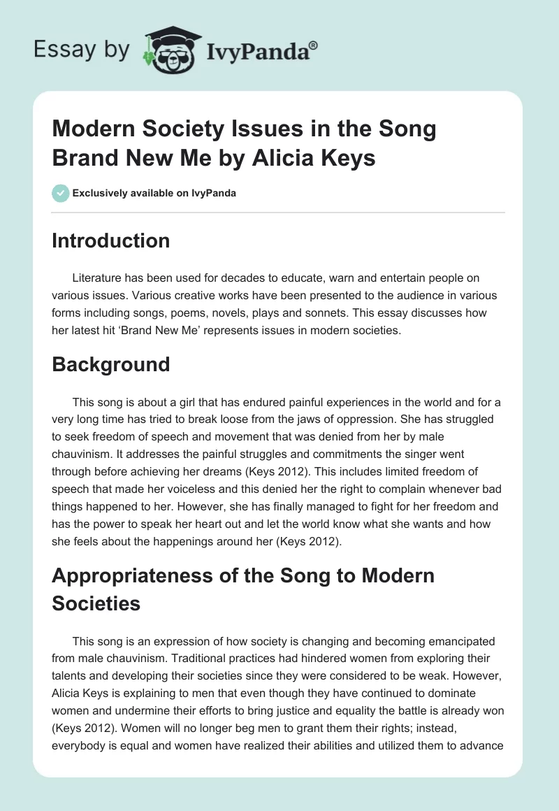 Modern Society Issues in the "Song Brand New Me" by Alicia Keys. Page 1