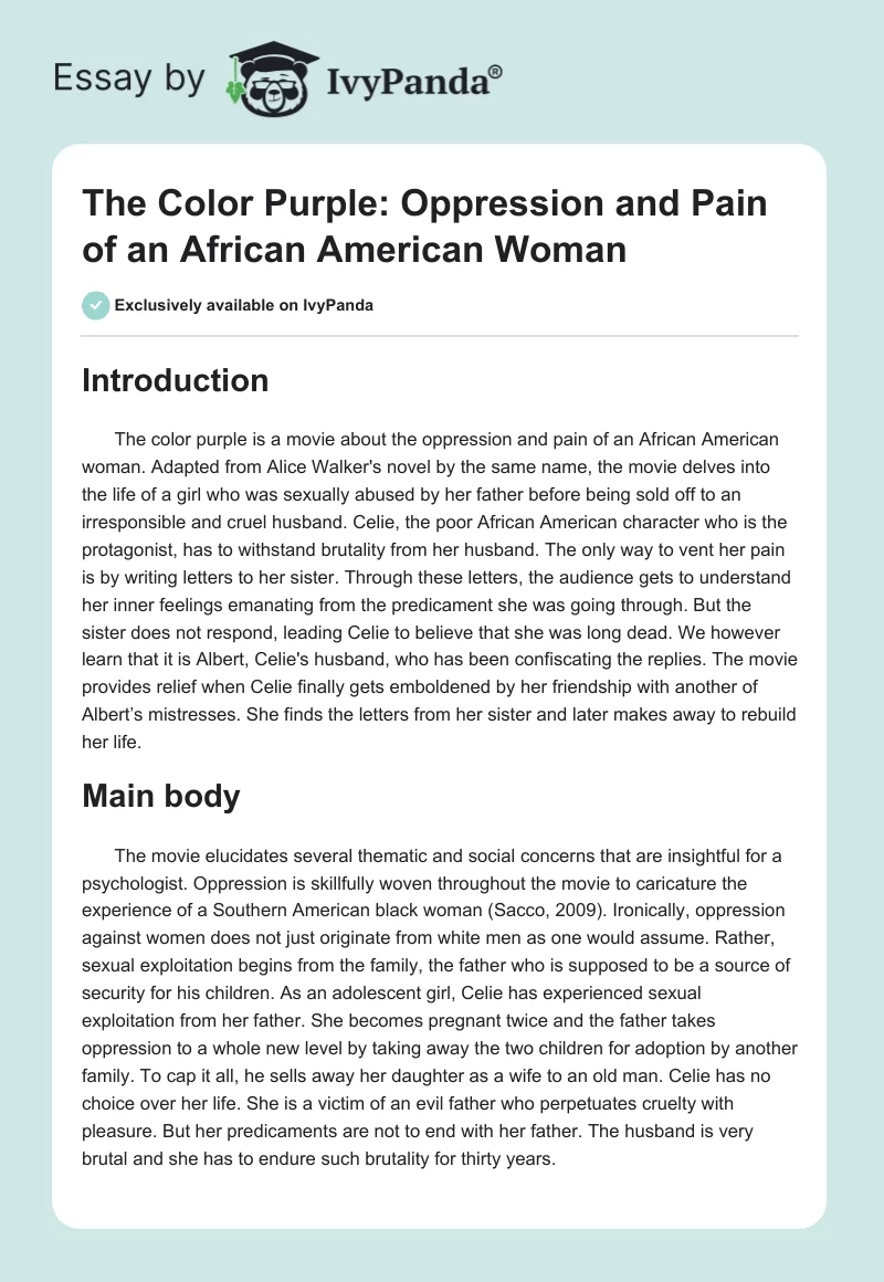 "The Color Purple": Oppression and Pain of an African American Woman. Page 1