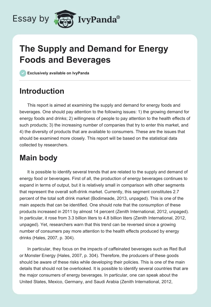 The Supply and Demand for Energy Foods and Beverages. Page 1