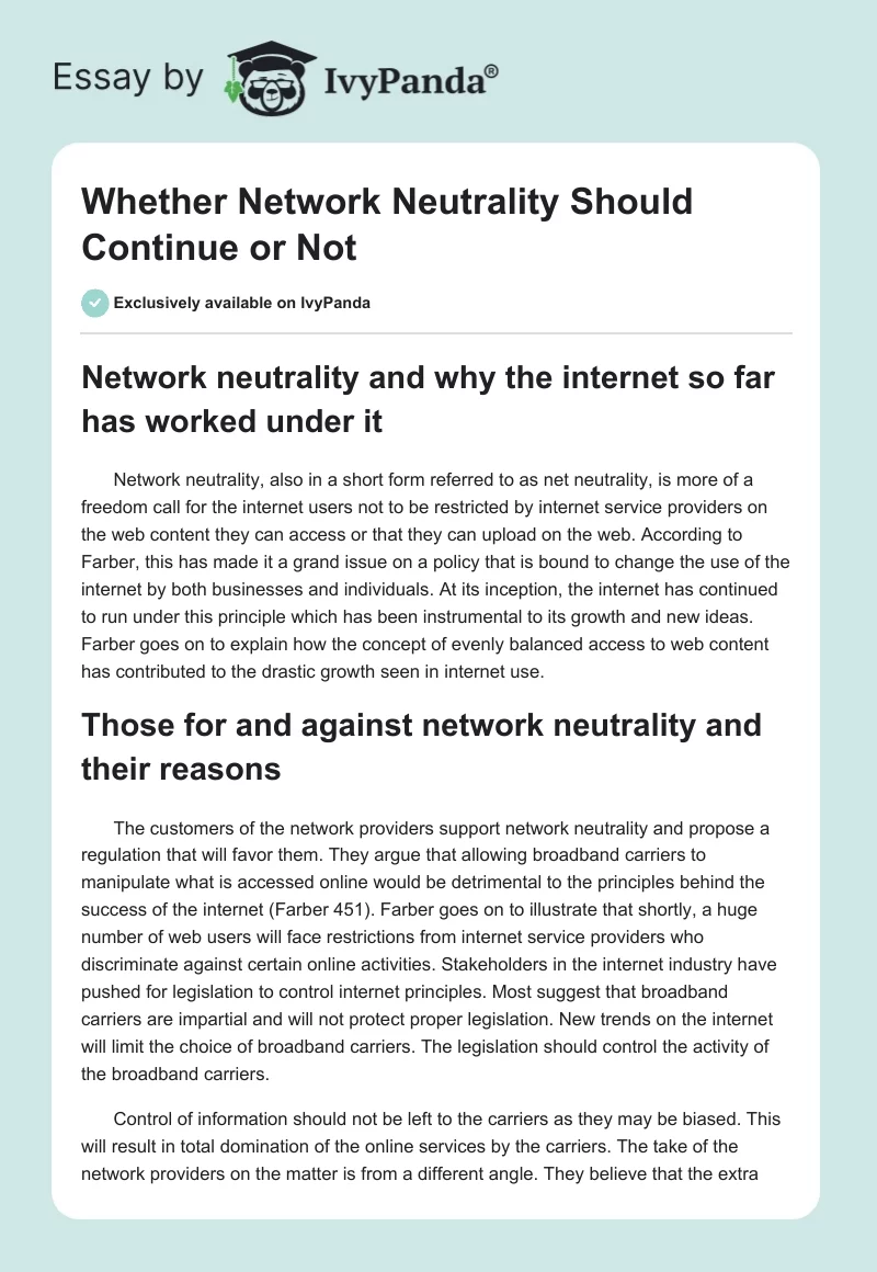 Whether Network Neutrality Should Continue or Not. Page 1
