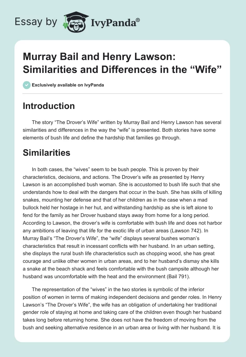 Murray Bail and Henry Lawson: Similarities and Differences in the “Wife”. Page 1