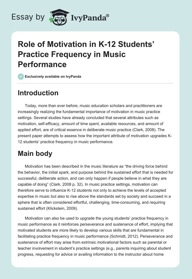 Role of Motivation in K-12 Students’ Practice Frequency in Music Performance. Page 1