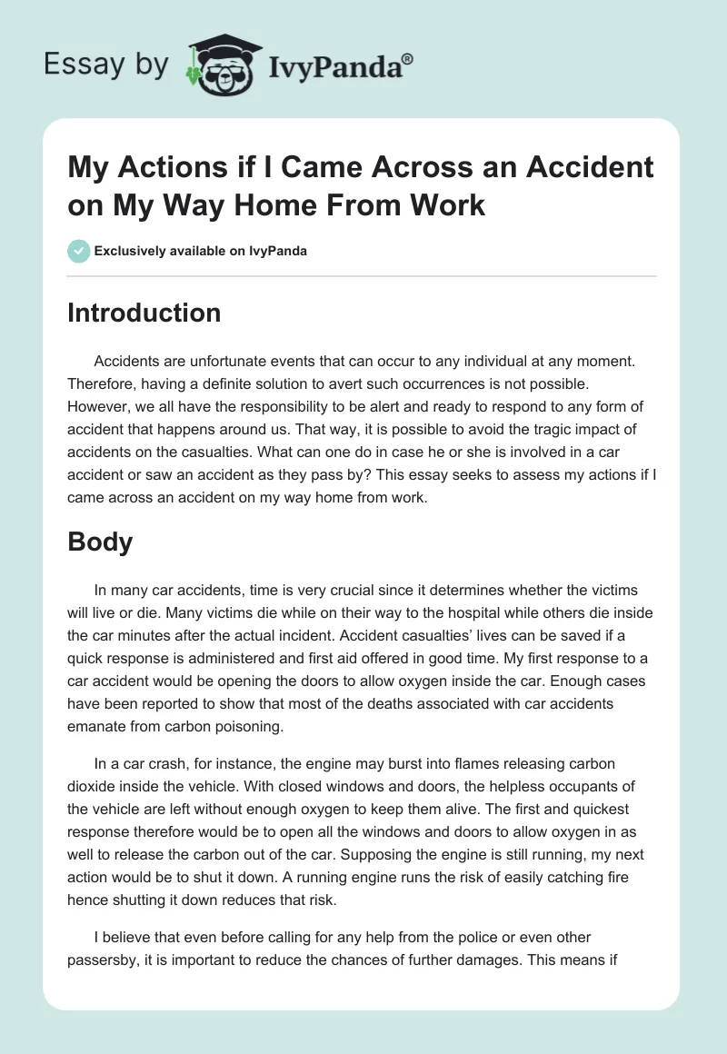 My Actions if I Came Across an Accident on My Way Home From Work. Page 1