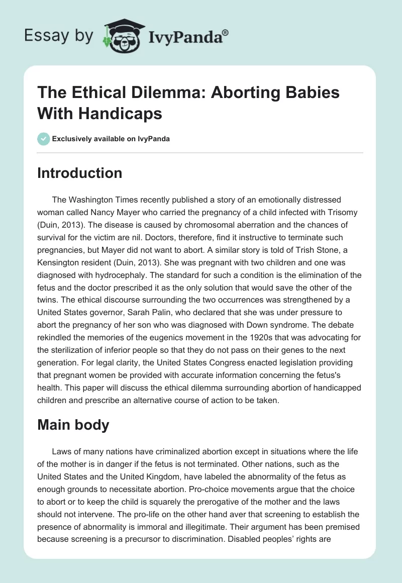 The Ethical Dilemma: Aborting Babies With Handicaps. Page 1