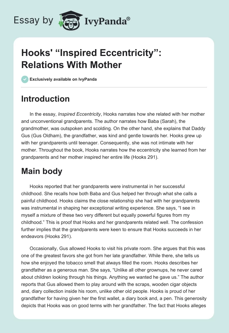 Hooks' “Inspired Eccentricity”: Relations With Mother. Page 1