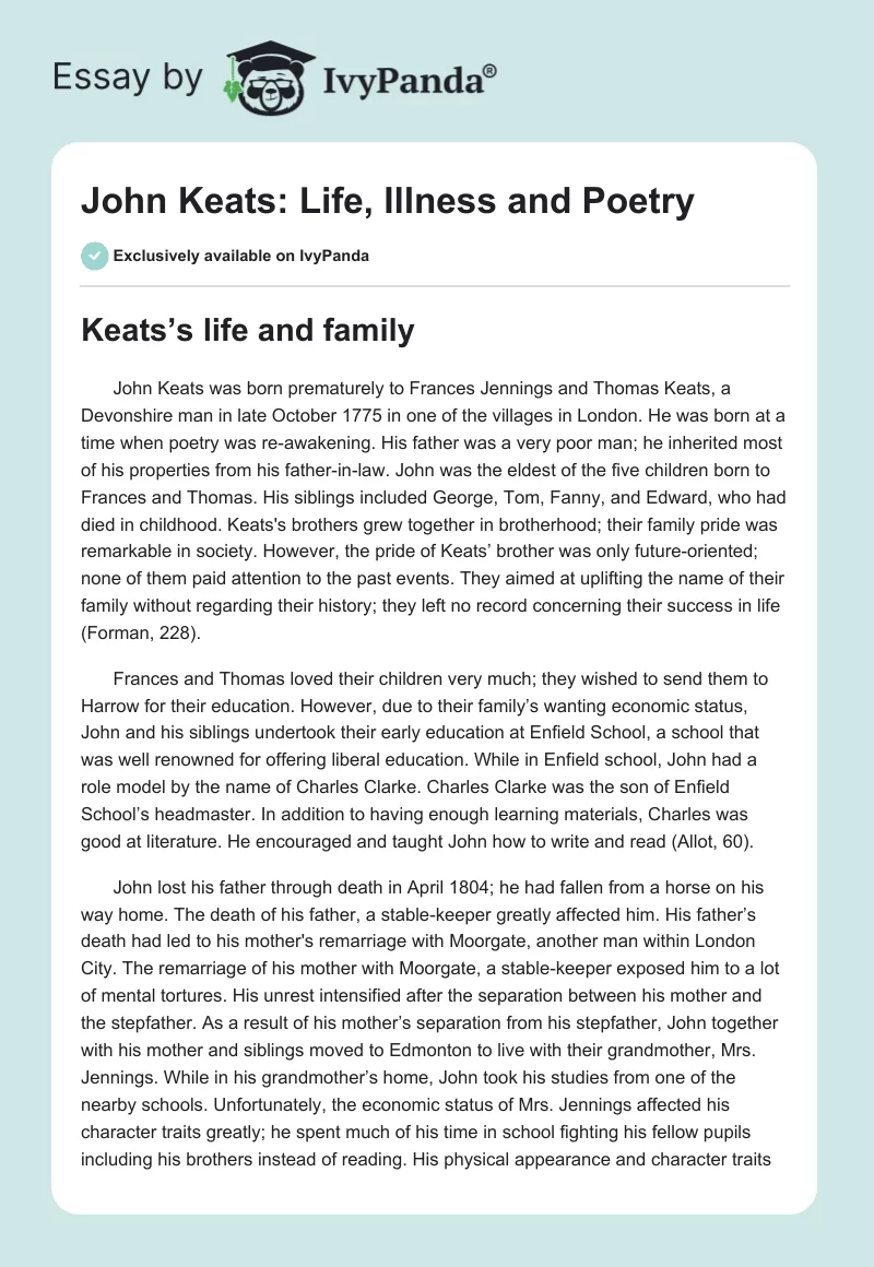 John Keats: Life, Illness and Poetry. Page 1