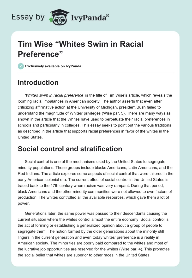 Tim Wise “Whites Swim in Racial Preference”. Page 1