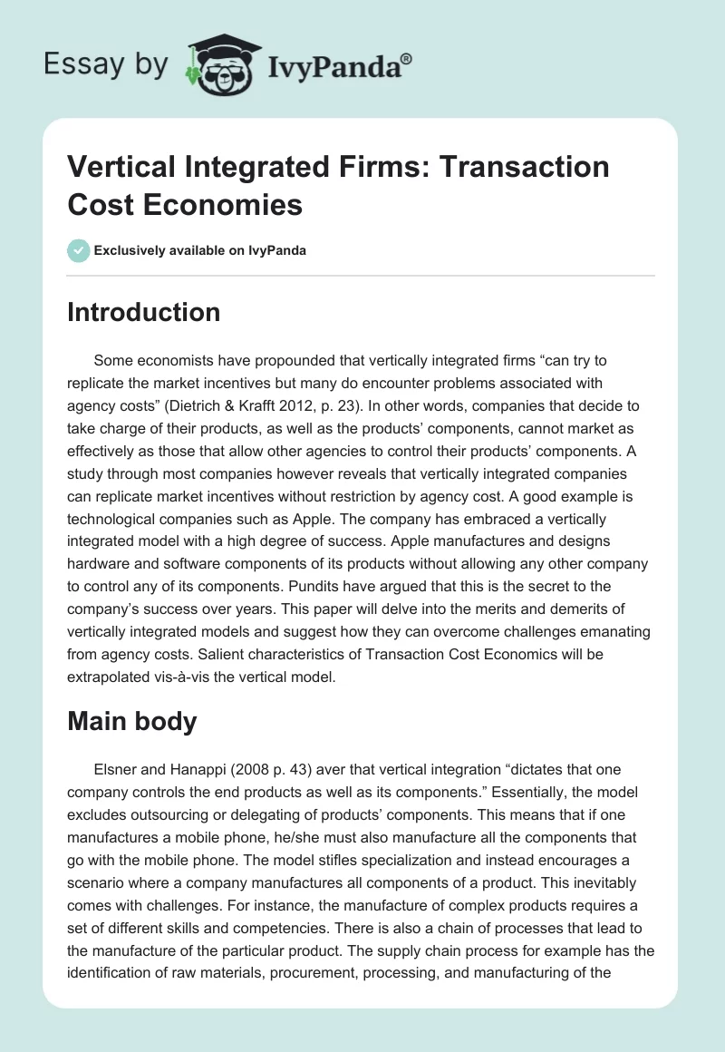 Vertical Integrated Firms: Transaction Cost Economies. Page 1