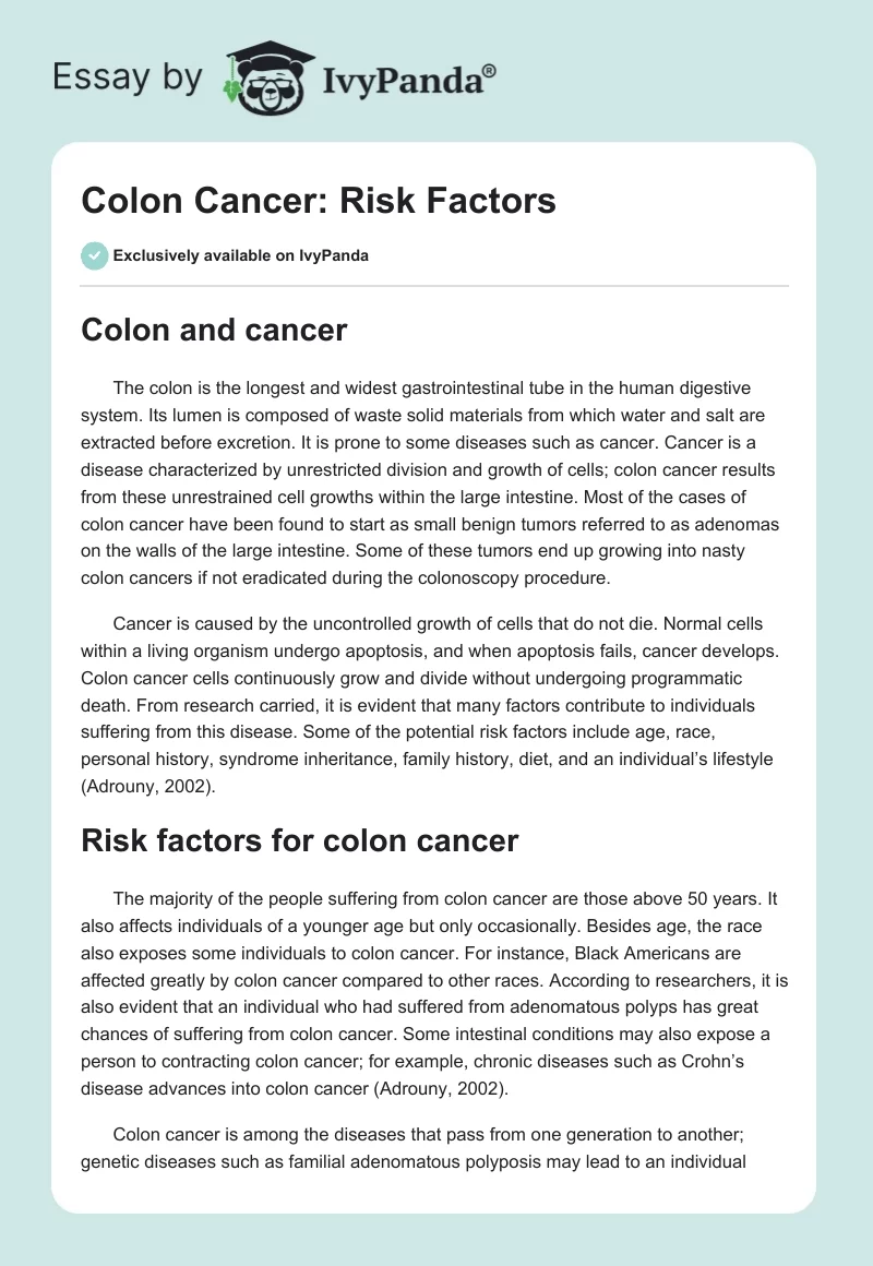 Colon Cancer: Risk Factors. Page 1