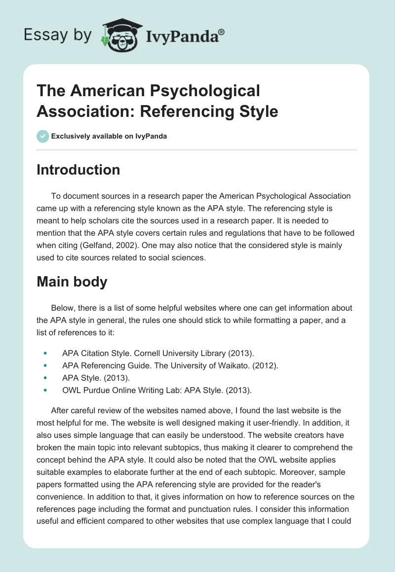 The American Psychological Association: Referencing Style. Page 1