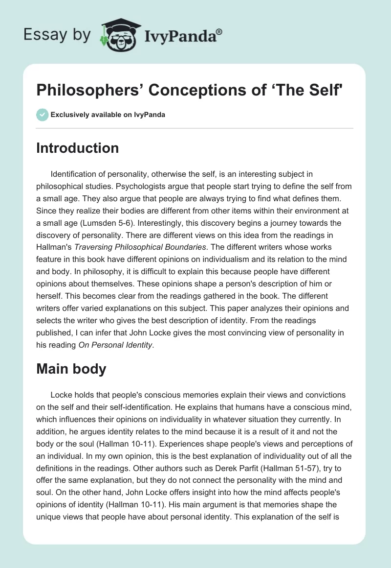Philosophers’ Conceptions of ‘The Self'. Page 1