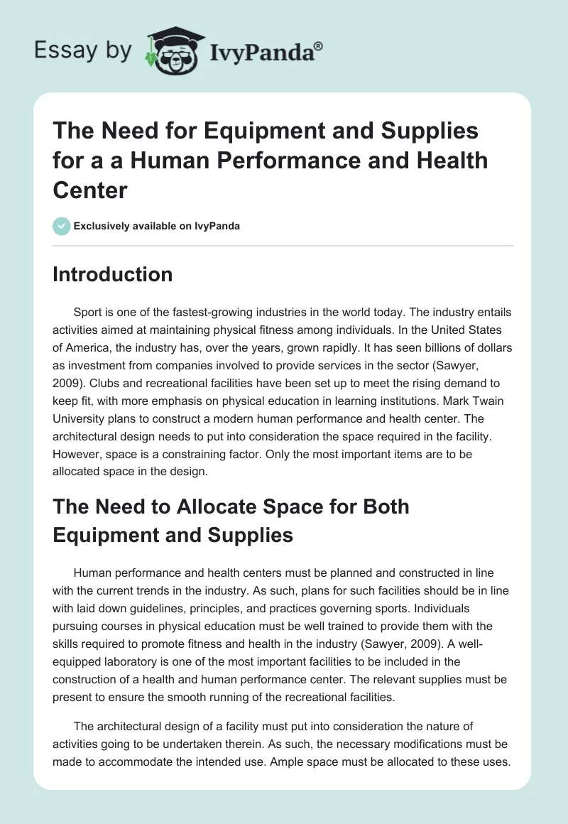 The Need for Equipment and Supplies for a a Human Performance and Health Center. Page 1