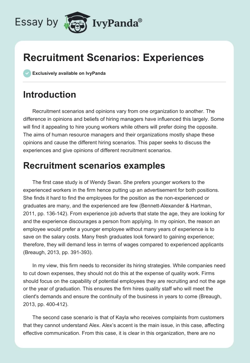 Recruitment Scenarios: Experiences. Page 1