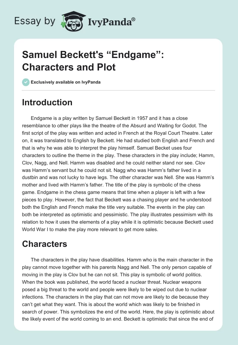 Samuel Beckett's “Endgame”: Characters and Plot. Page 1
