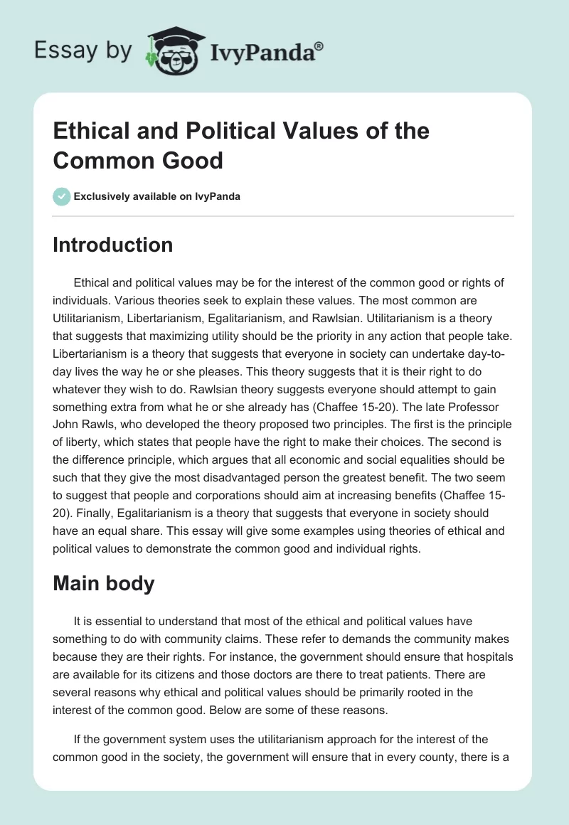 Ethical and Political Values of the Common Good. Page 1