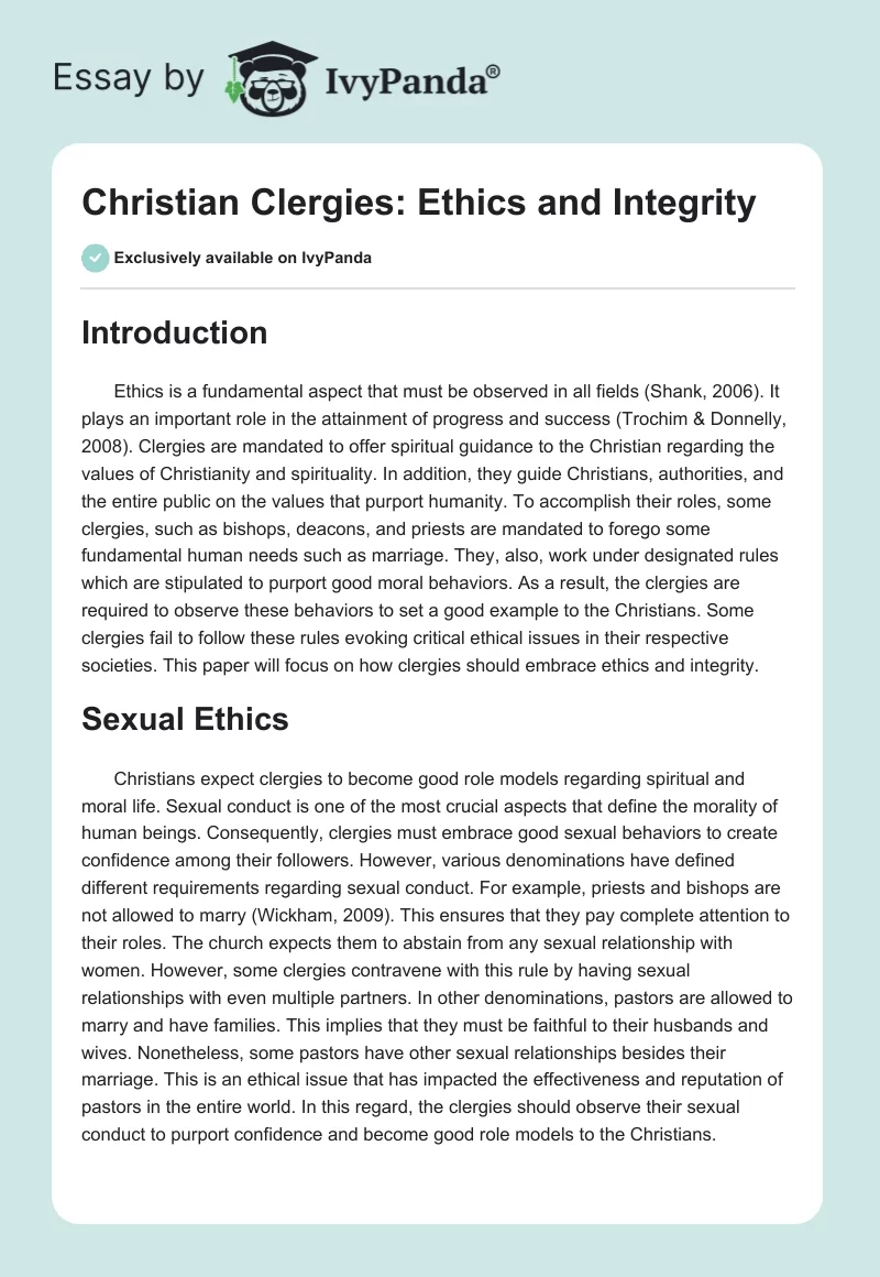 Christian Clergies: Ethics and Integrity. Page 1