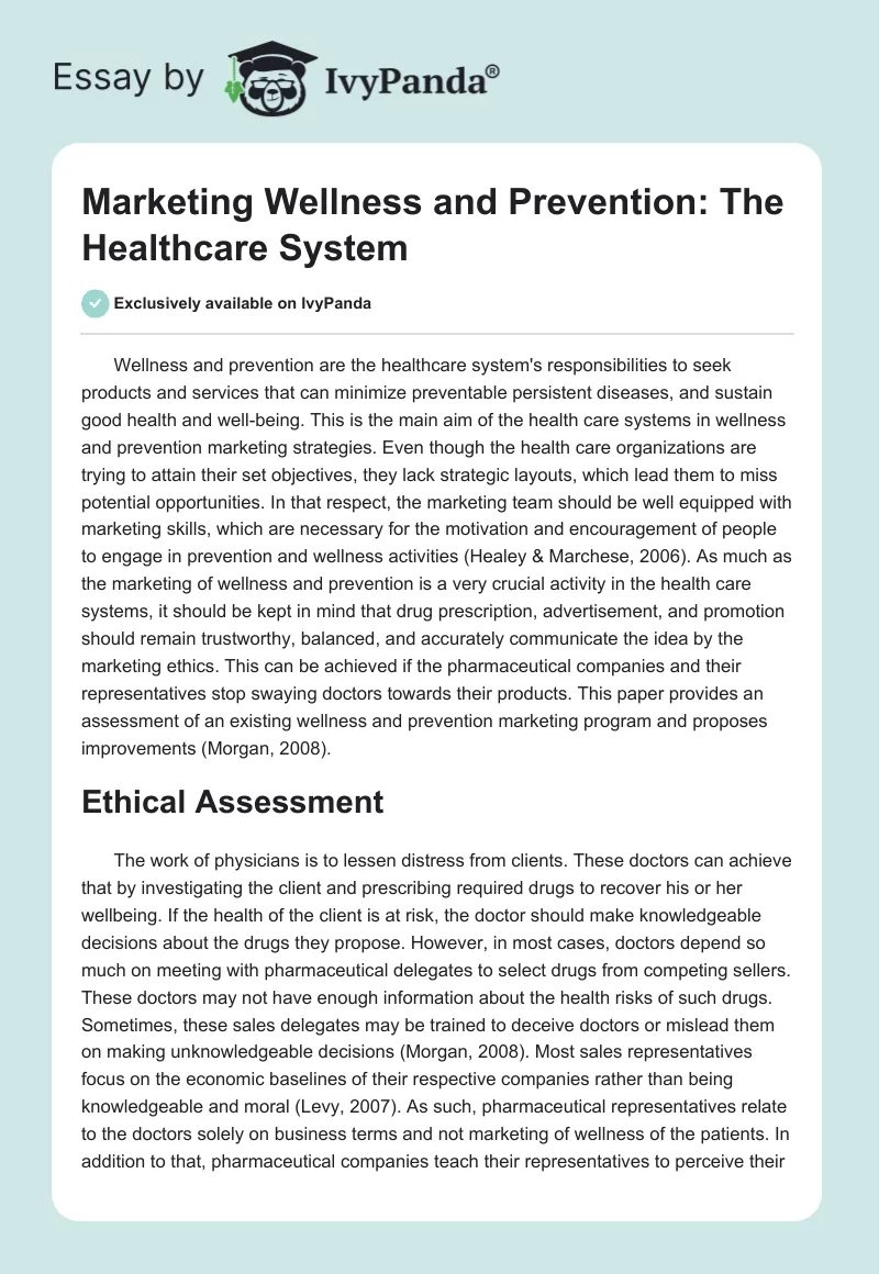 Marketing Wellness and Prevention: The Healthcare System. Page 1